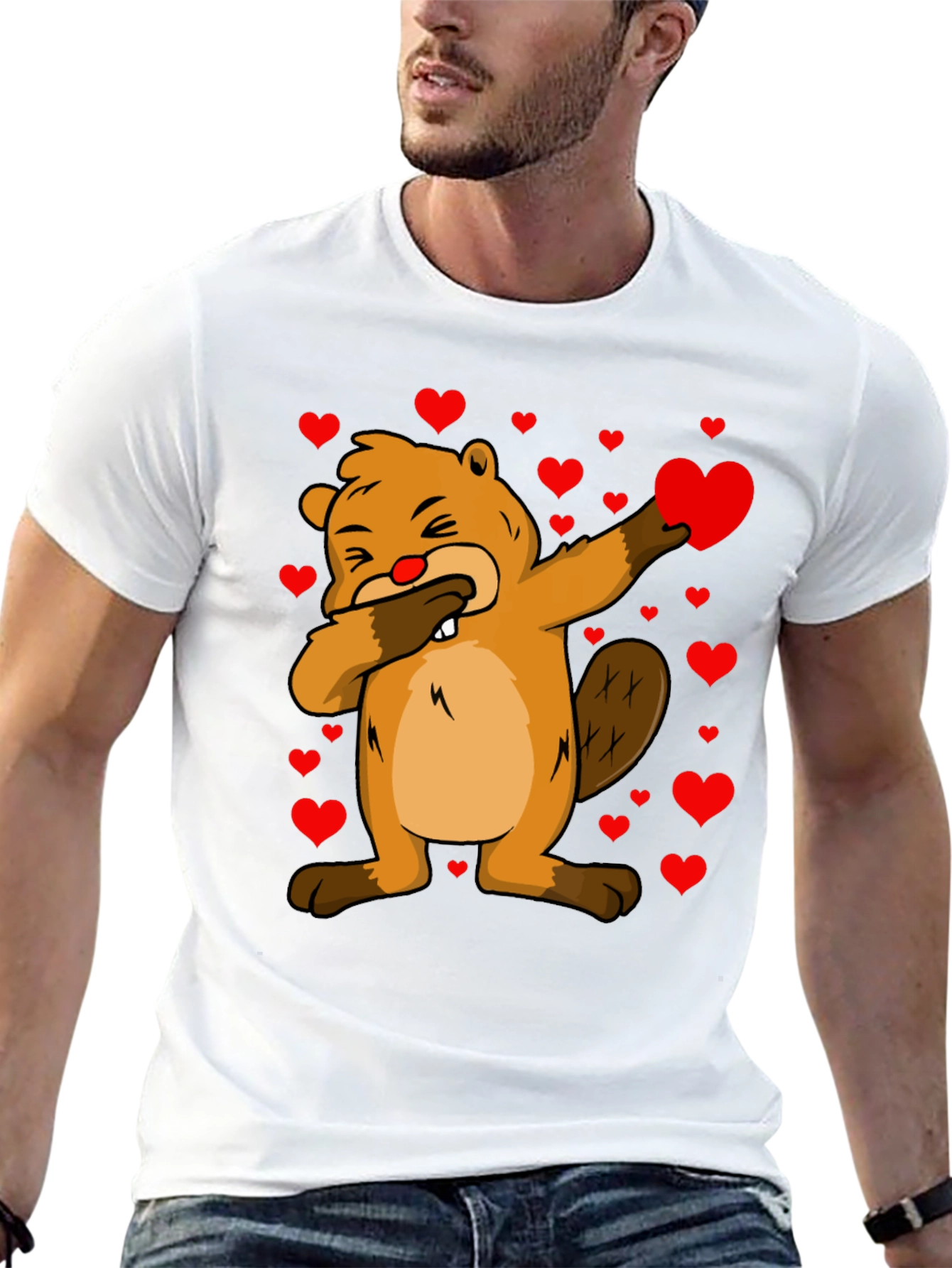 Valentines Day Beaver T-Shirt - Dab Pose with Hearts