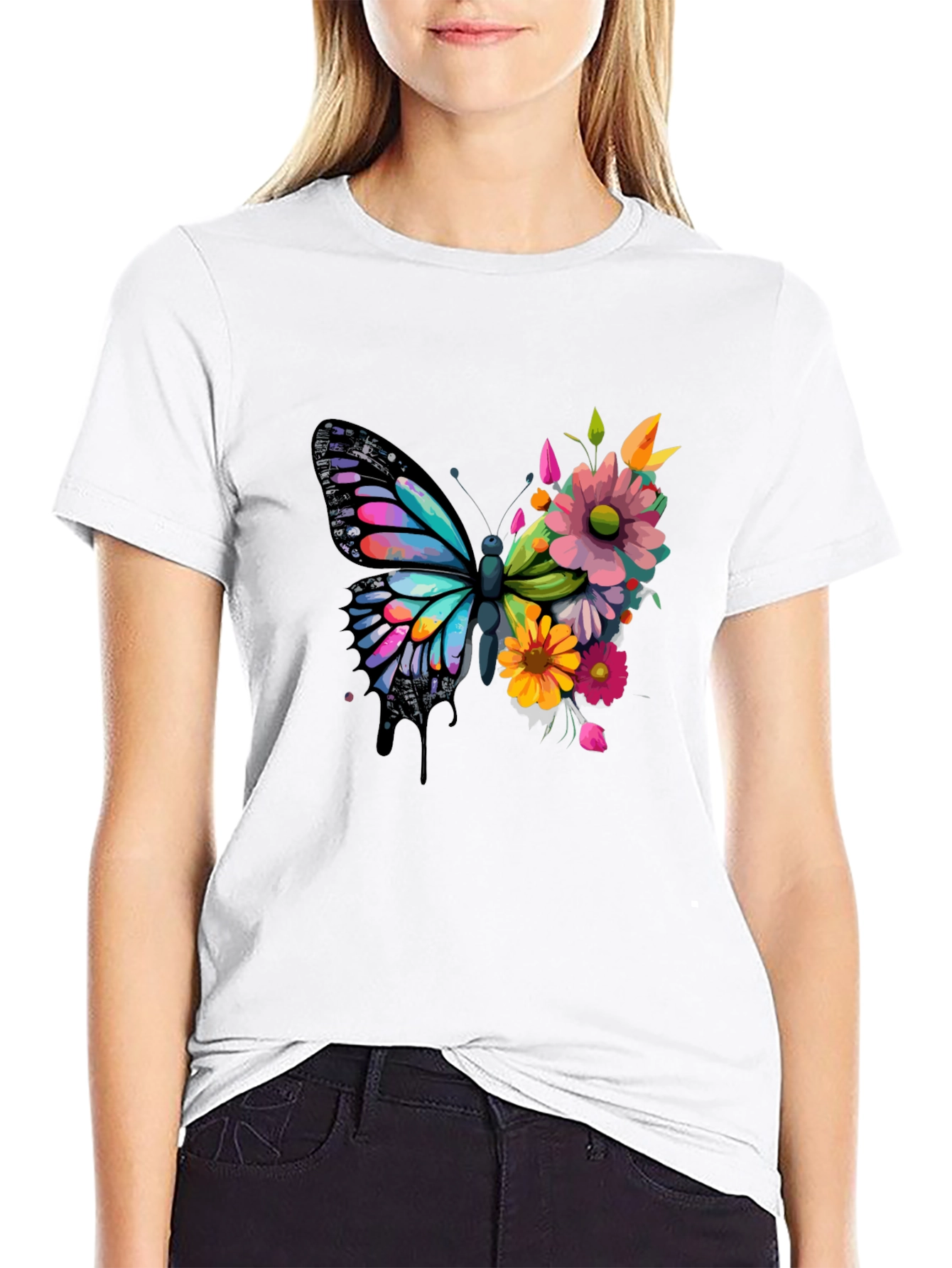Butterfly Floral Graphic Tee - Black