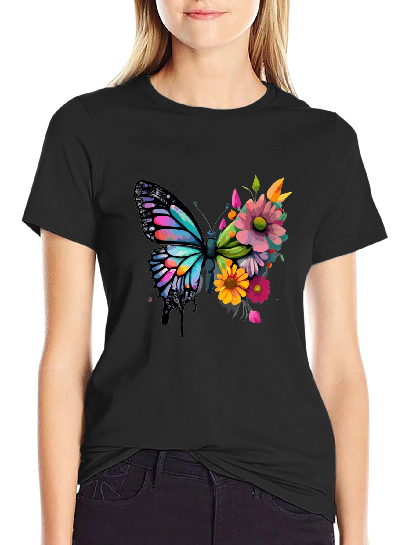 Butterfly Floral Graphic Tee - Black