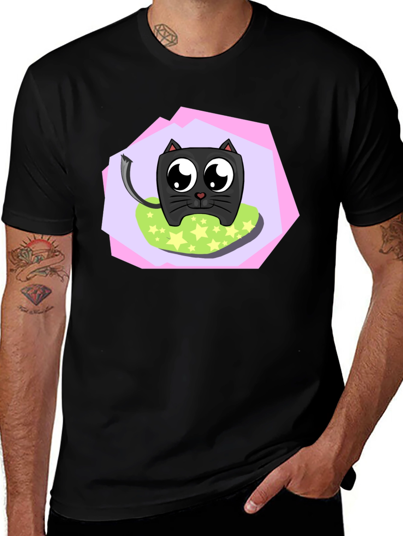 Cartoon Cat Graphic T-Shirt - Unisex Black Tee