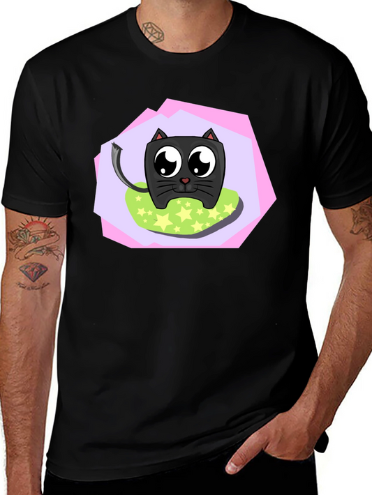 Cartoon Cat Graphic T-Shirt - Unisex Black Tee