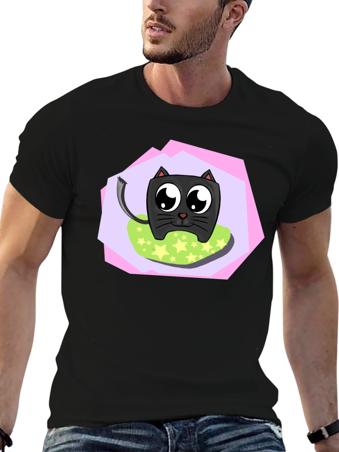 Cartoon Cat Graphic T-Shirt - Unisex Black Tee