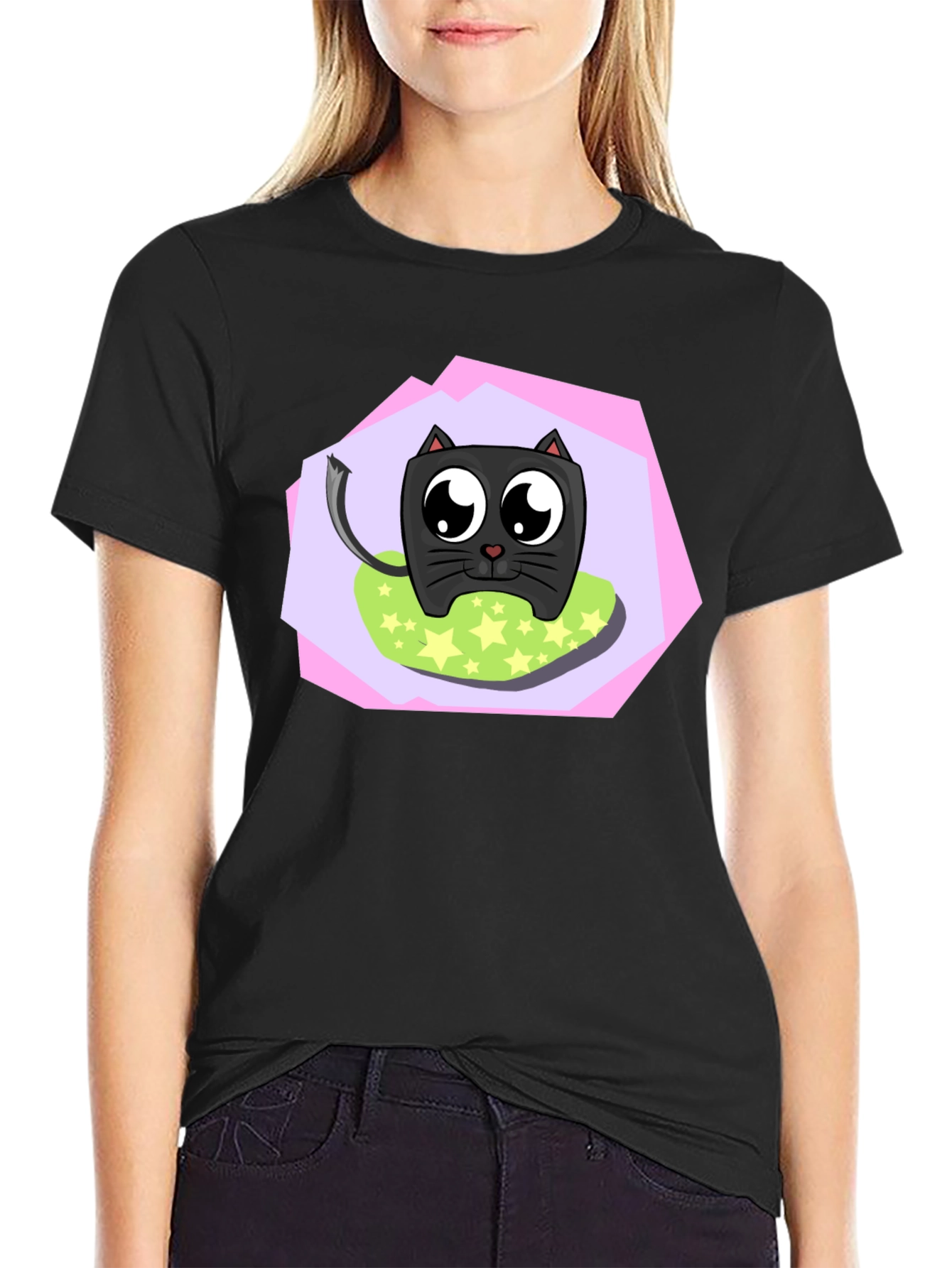 Cartoon Cat Graphic T-Shirt - Unisex Black Tee
