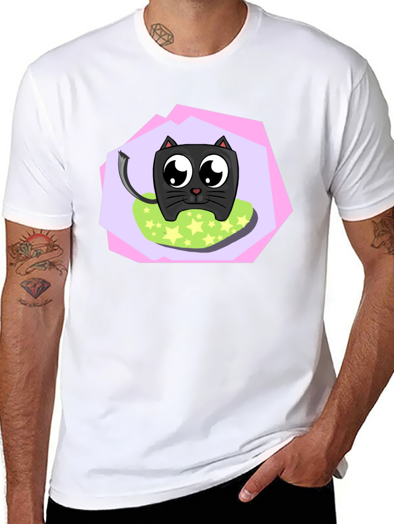 Cartoon Cat Graphic T-Shirt - Unisex Black Tee