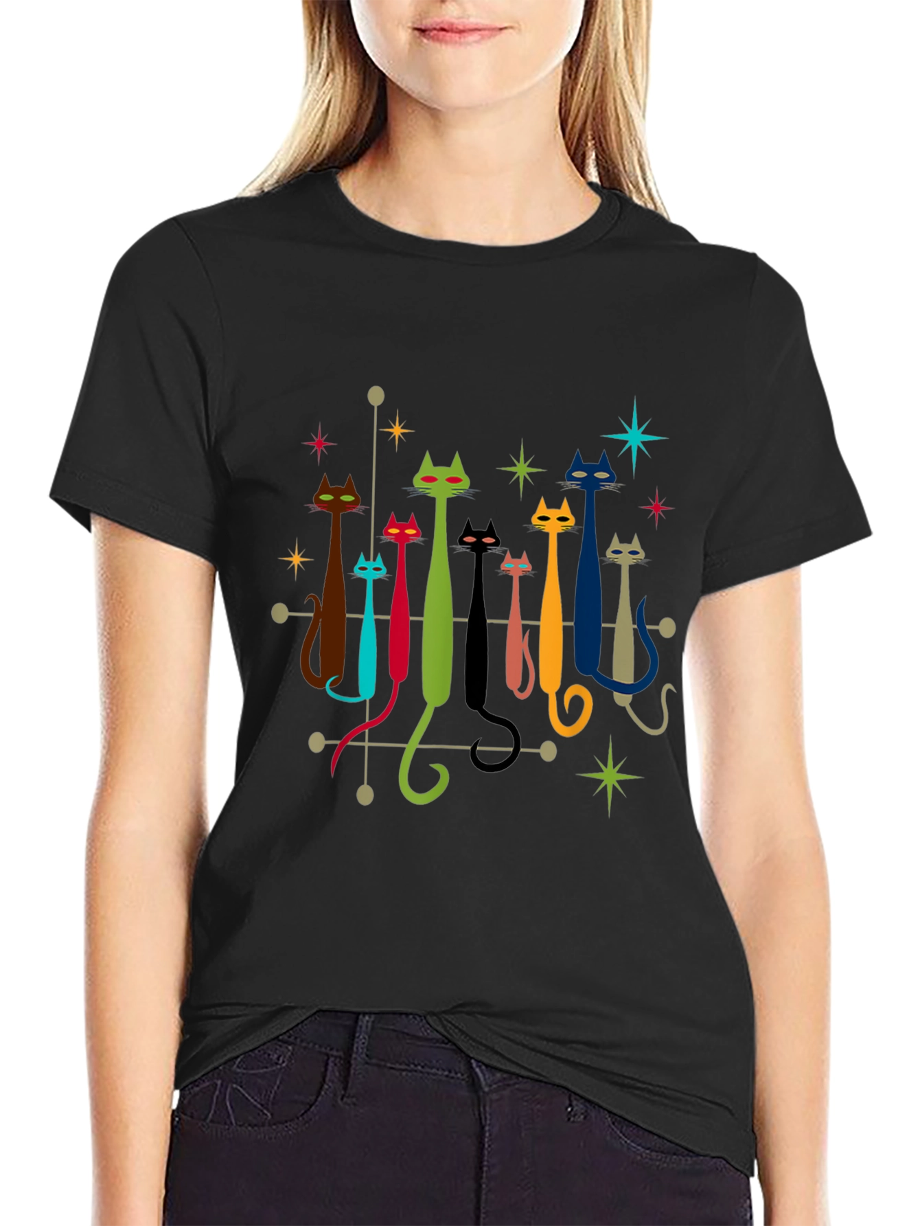 Retro Atomic Cats Black T-Shirt