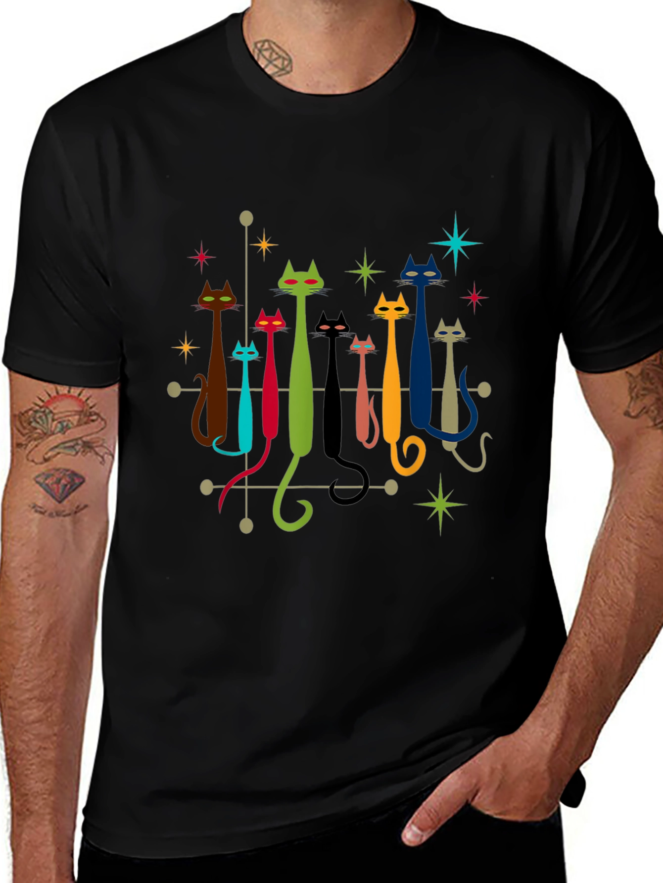 Retro Atomic Cats Black T-Shirt