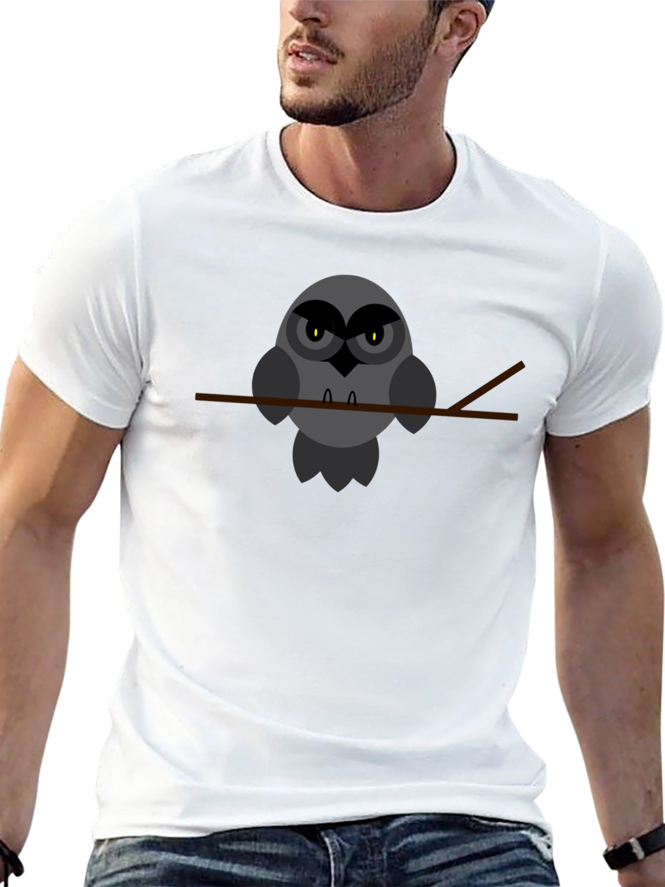 Owl Perched on Branch Graphic Tee - Black