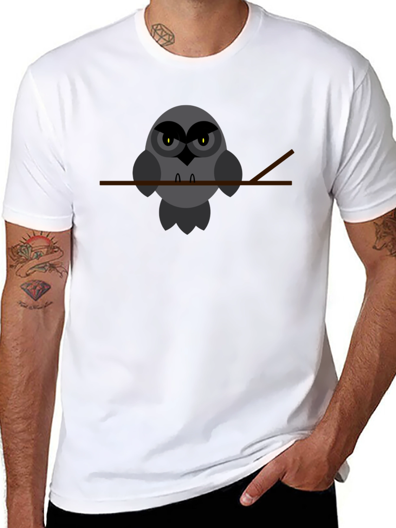 Owl Perched on Branch Graphic Tee - Black