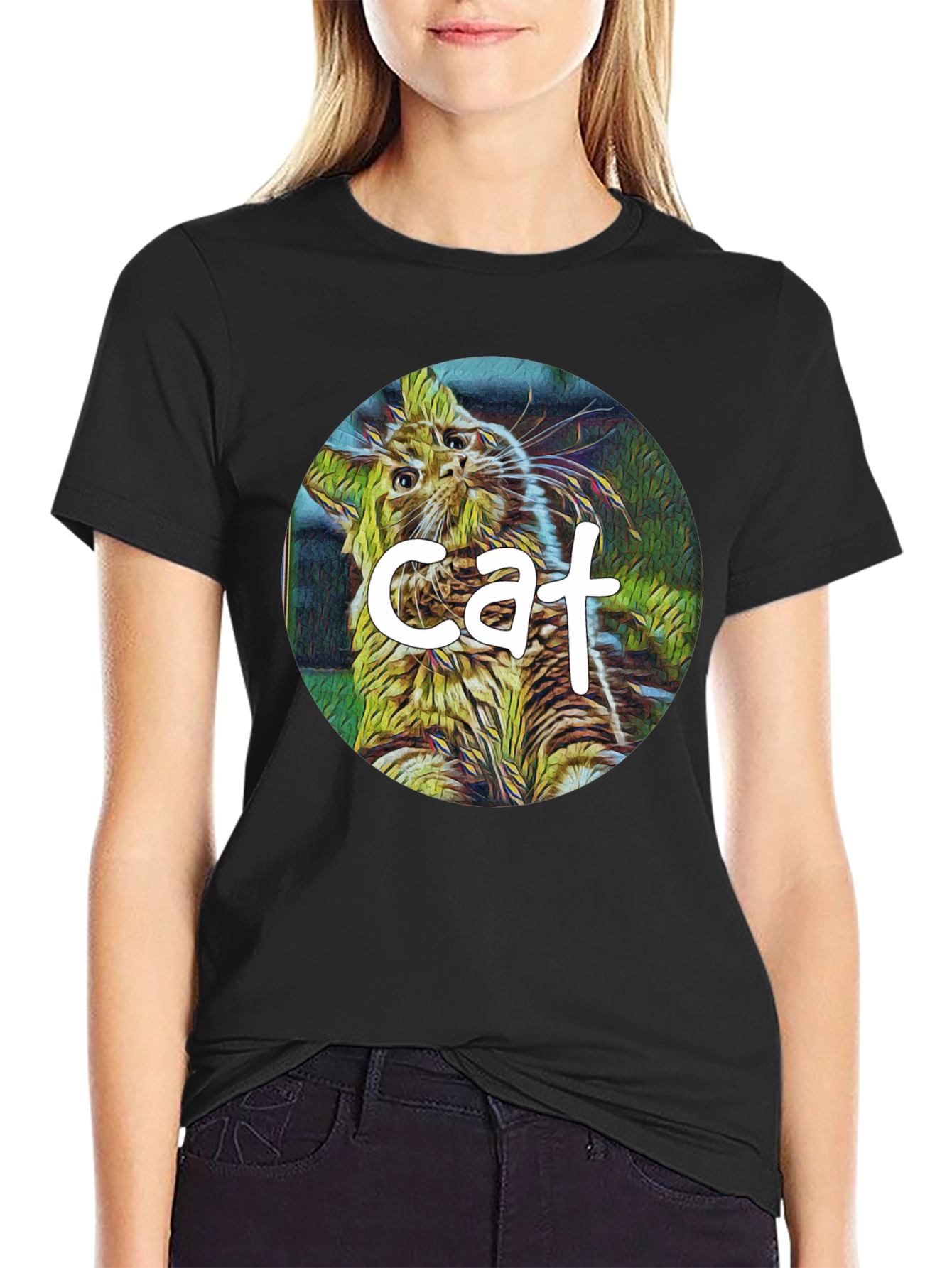 Cat Graphic Black T-Shirt - Artistic Design