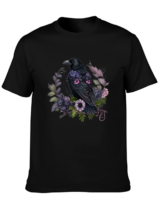 Raven & Floral Graphic Tee - Black Cotton