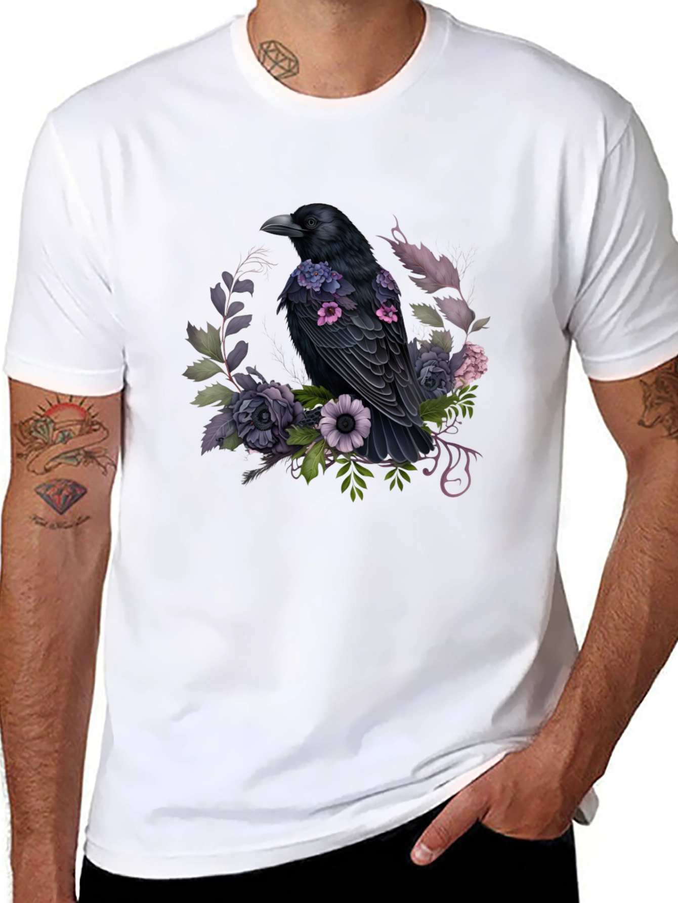 Raven & Floral Graphic Tee - Black Cotton