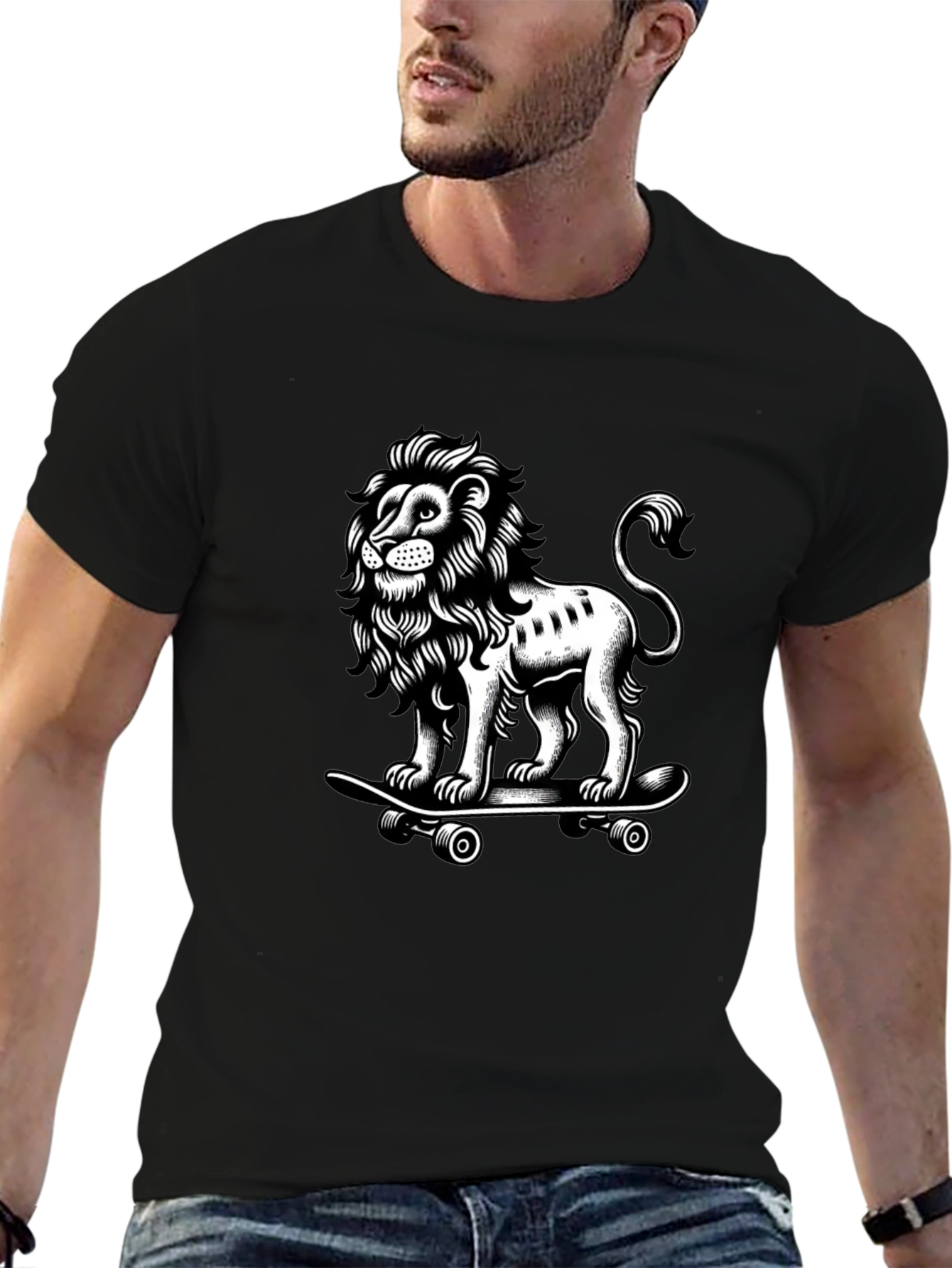 Lion Skateboard Graphic T-Shirt - Black