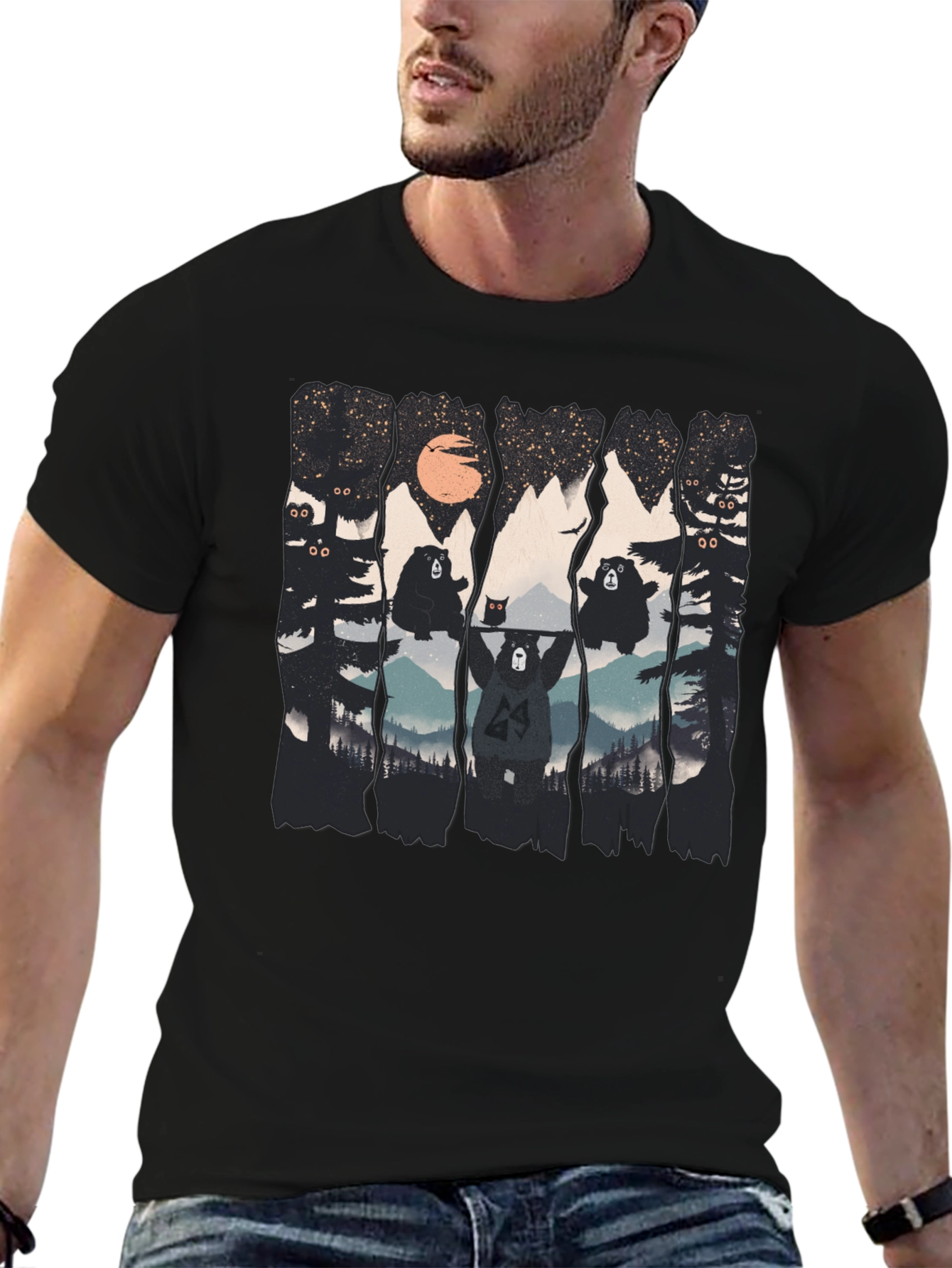 Bear Silhouette Graphic Print Black T-Shirt
