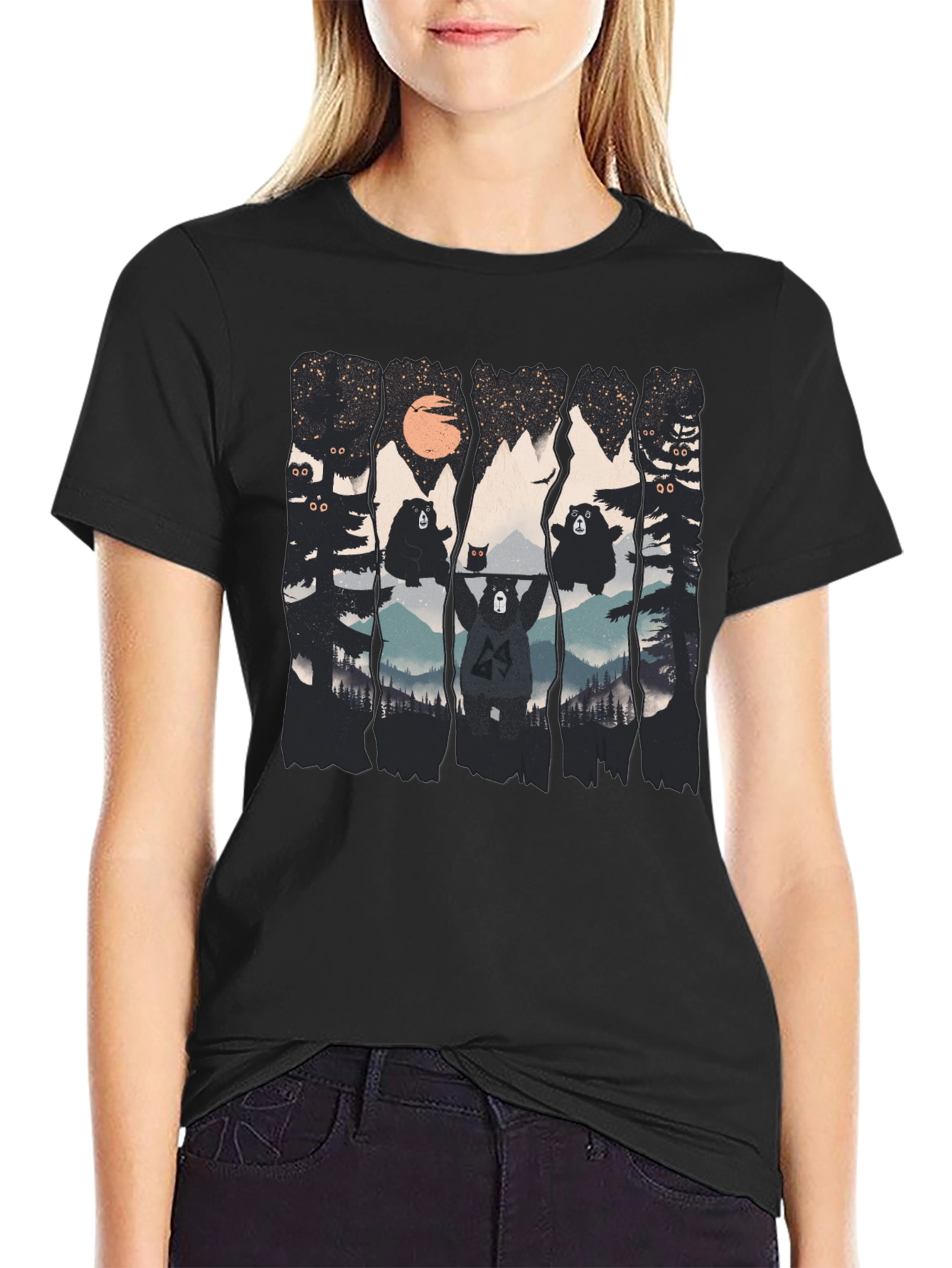 Bear Silhouette Graphic Print Black T-Shirt
