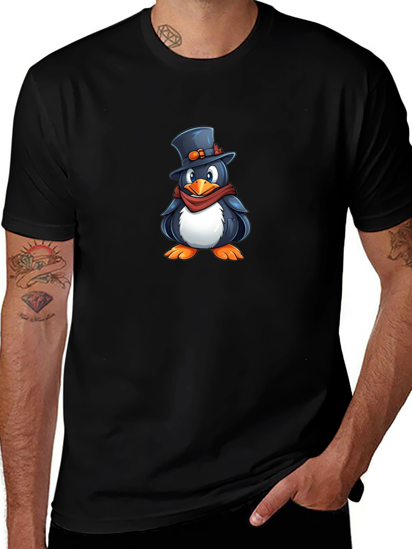 Penguin Top Hat Graphic T-Shirt - Black