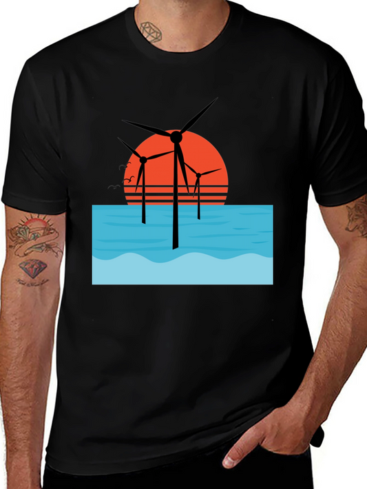Wind Turbine Sunset Graphic Tee - Black Cotton Blend Shirt