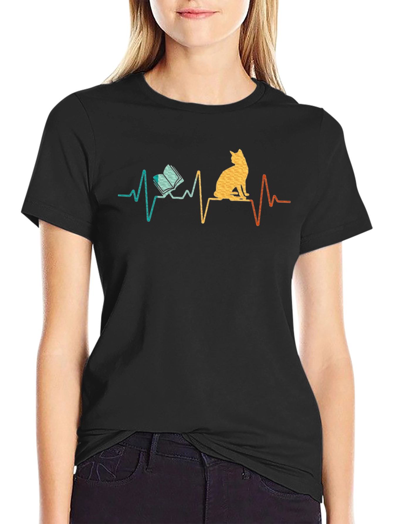 Cat & Book ECG Heartbeat T-Shirt