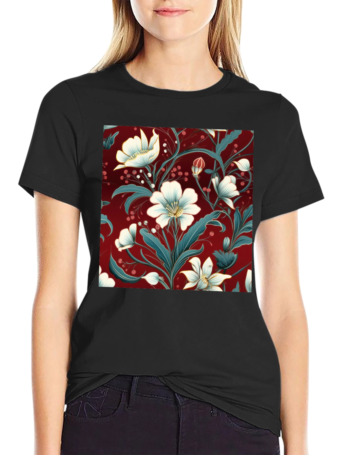 Floral Print Black T-Shirt - Stylish Botanical Design