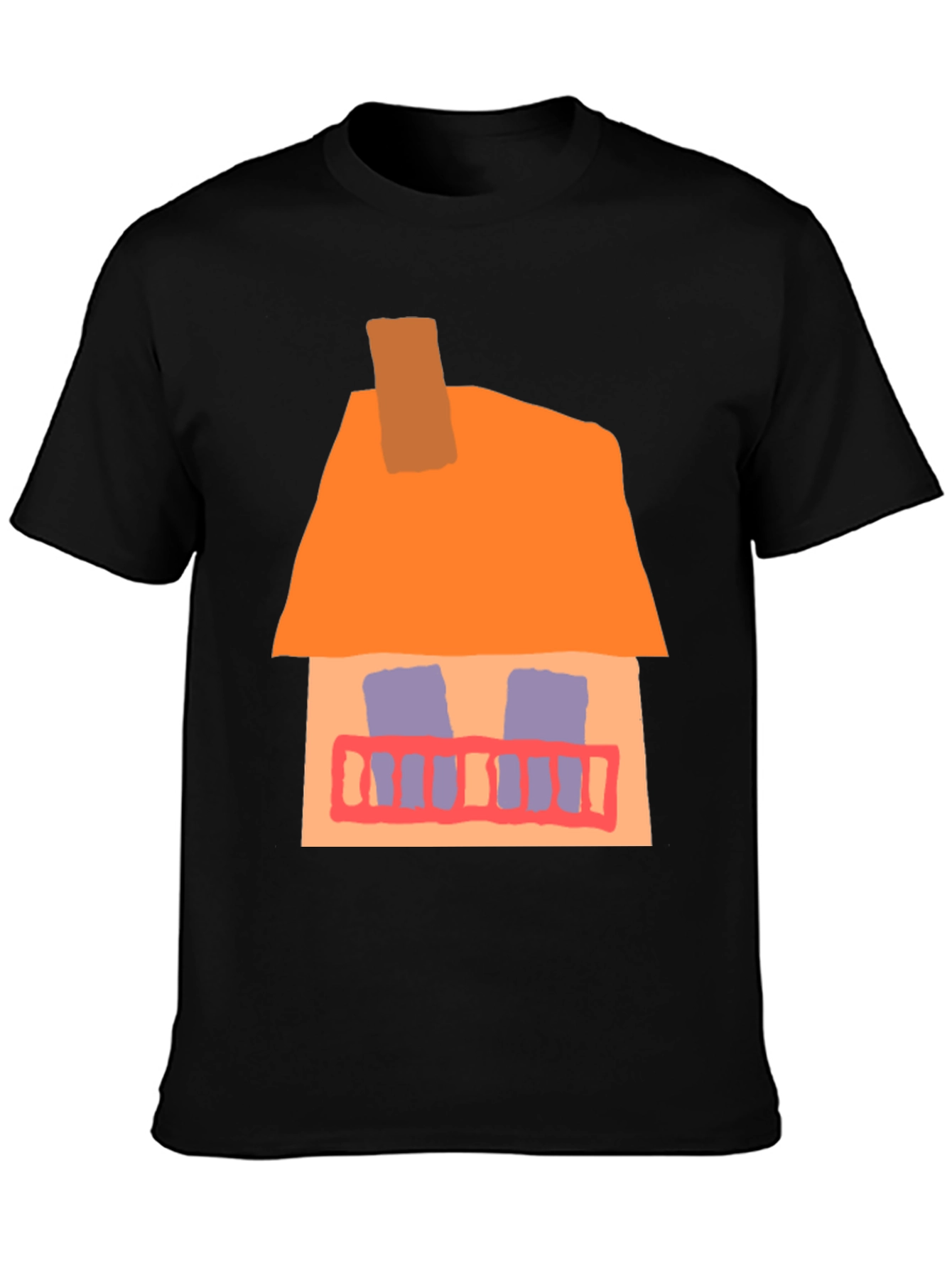 Whimsical House Graphic Tee - Black Cotton Casual T-Shirt