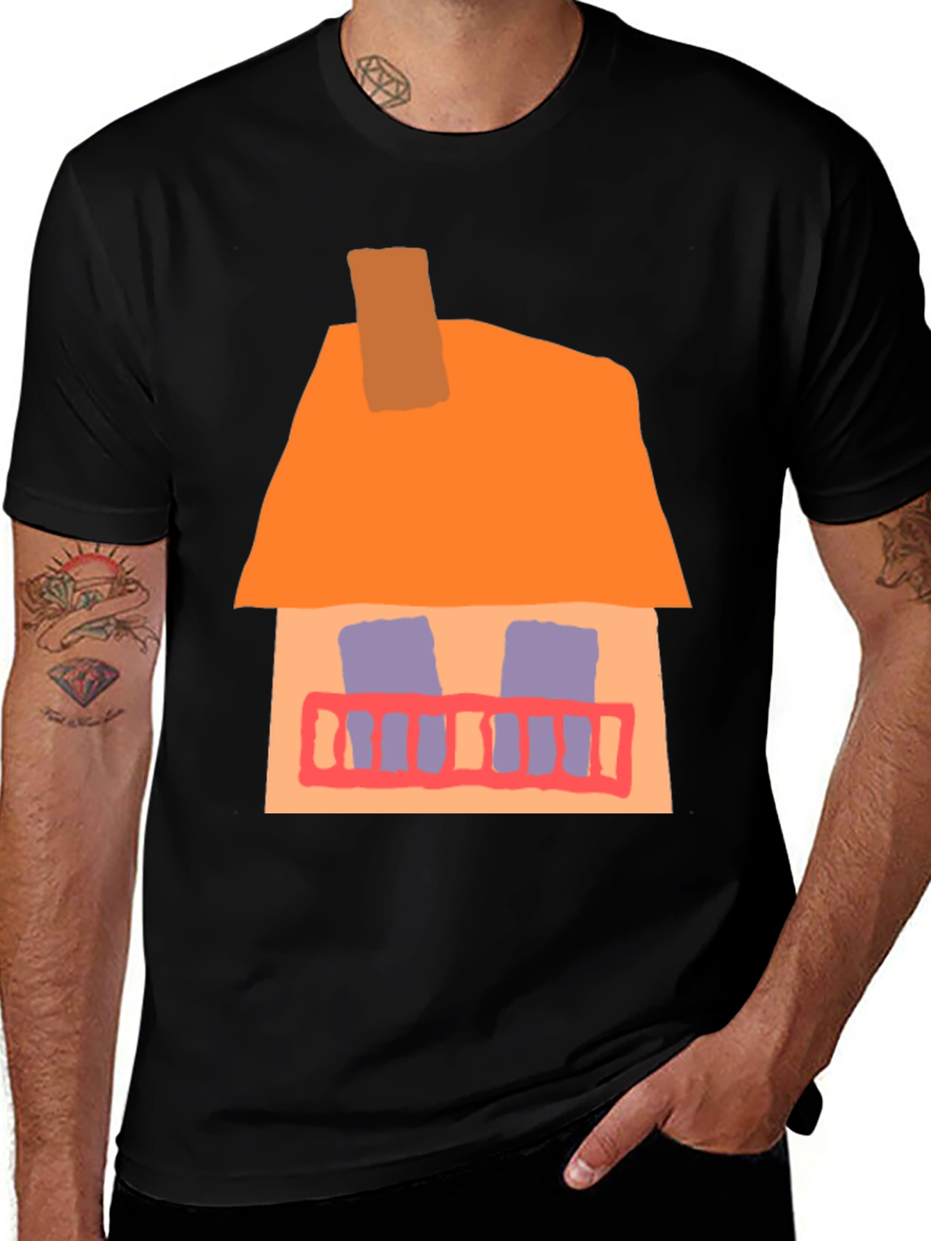 Whimsical House Graphic Tee - Black Cotton Casual T-Shirt