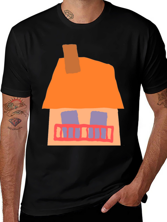 Whimsical House Graphic Tee - Black Cotton Casual T-Shirt