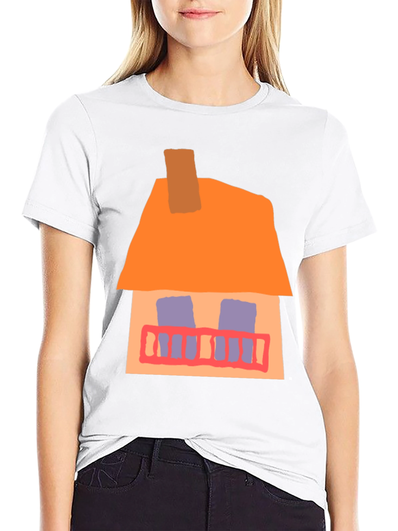 Whimsical House Graphic Tee - Black Cotton Casual T-Shirt
