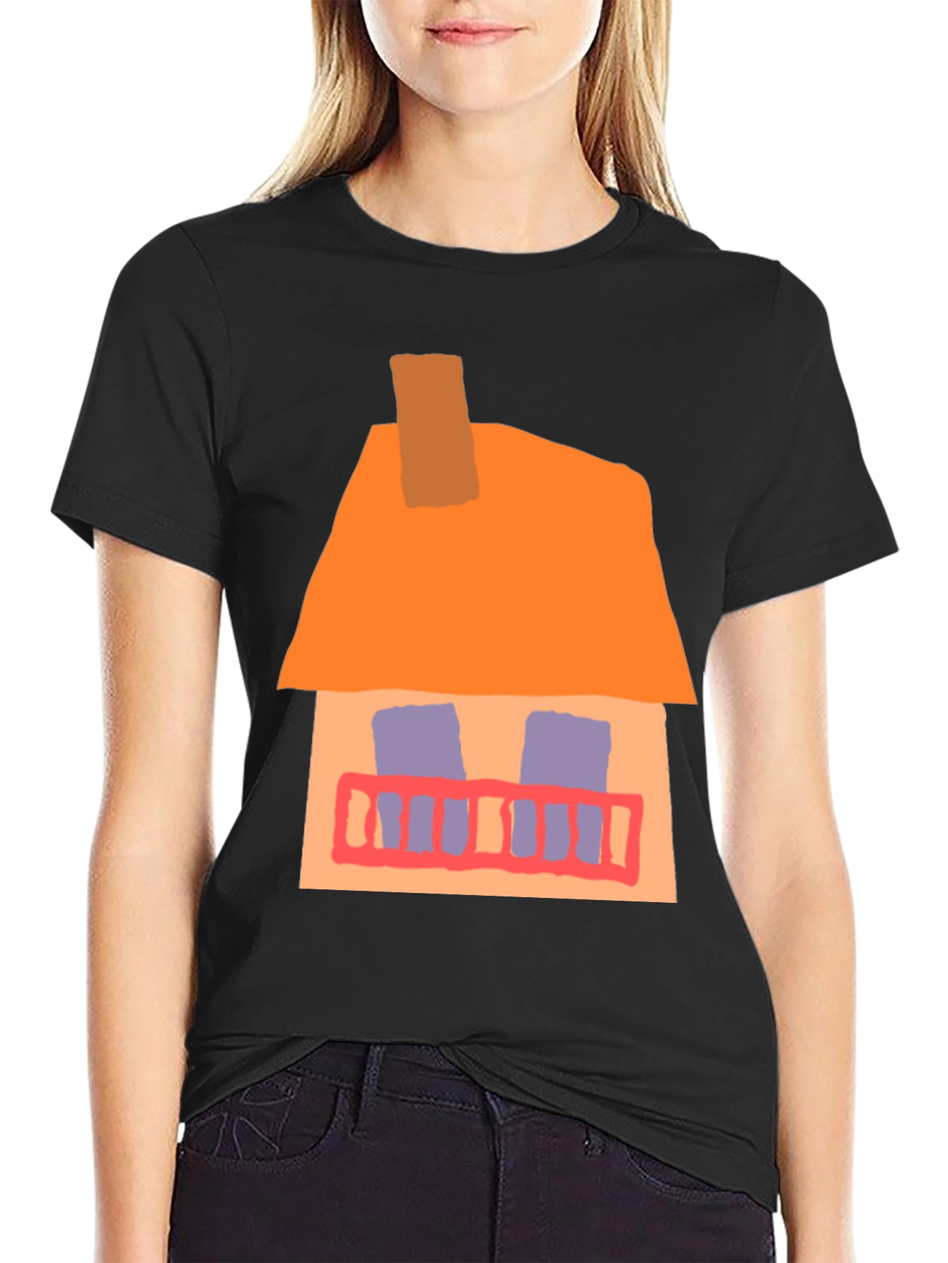 Whimsical House Graphic Tee - Black Cotton Casual T-Shirt