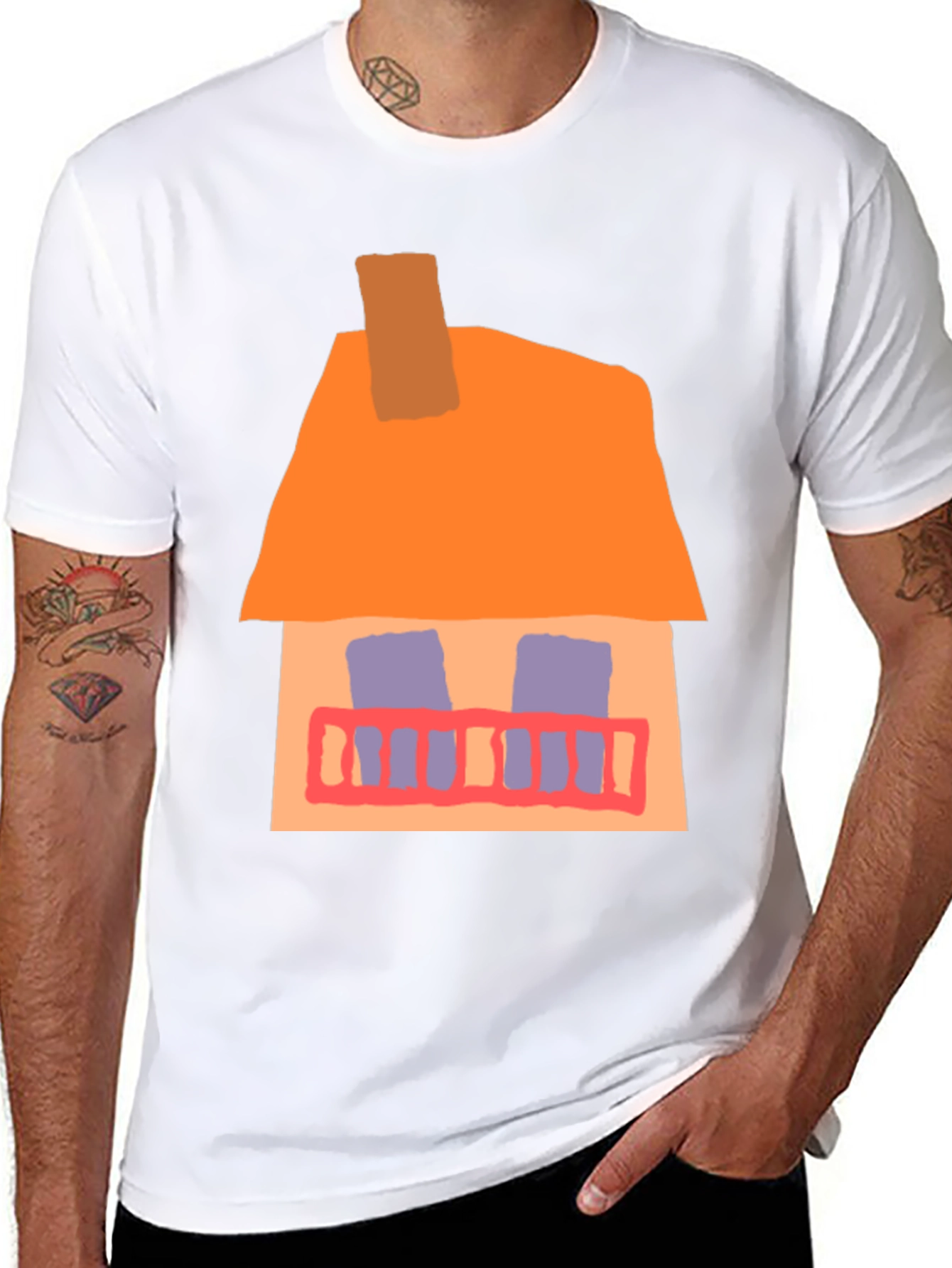 Whimsical House Graphic Tee - Black Cotton Casual T-Shirt