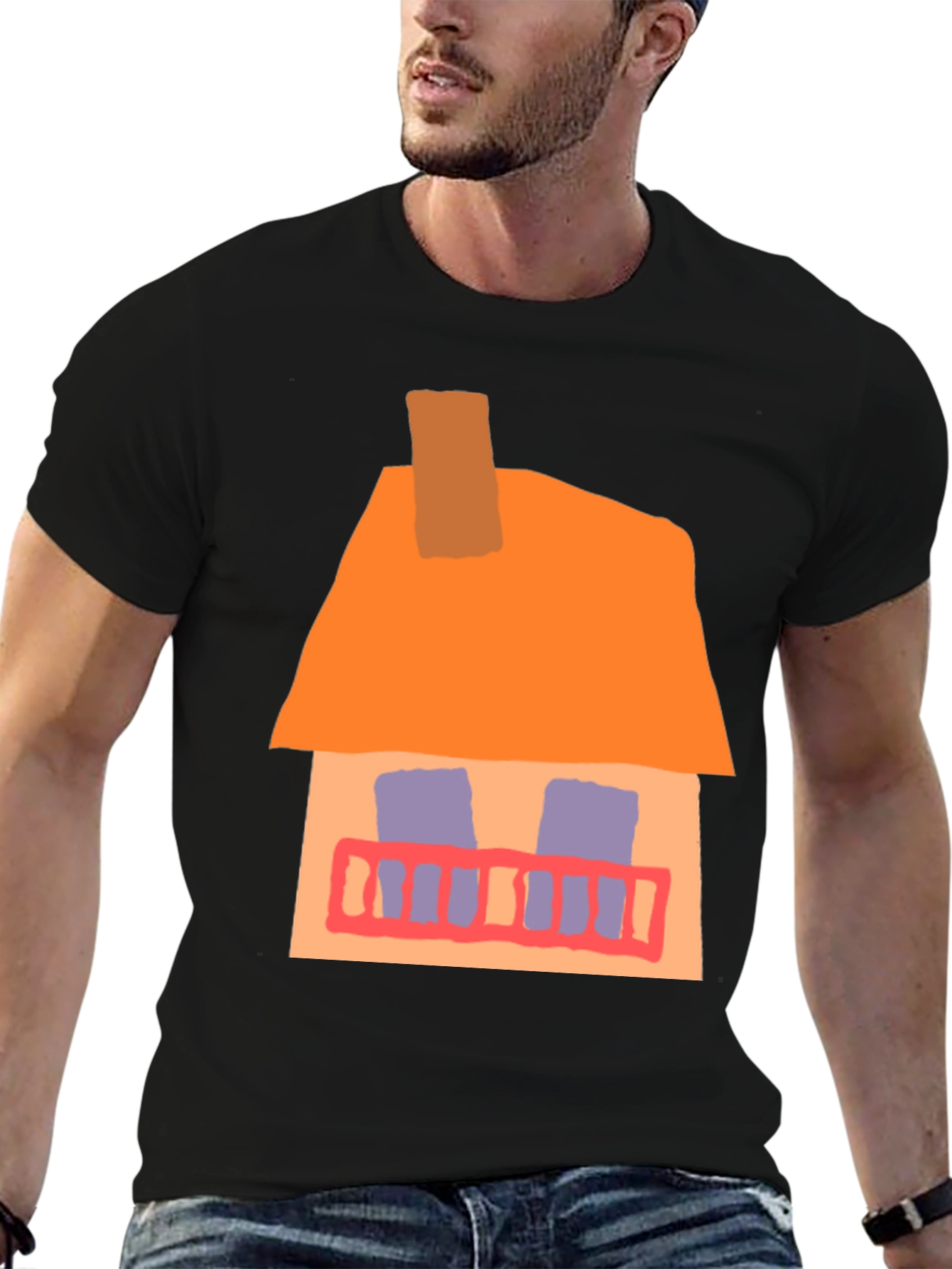 Whimsical House Graphic Tee - Black Cotton Casual T-Shirt