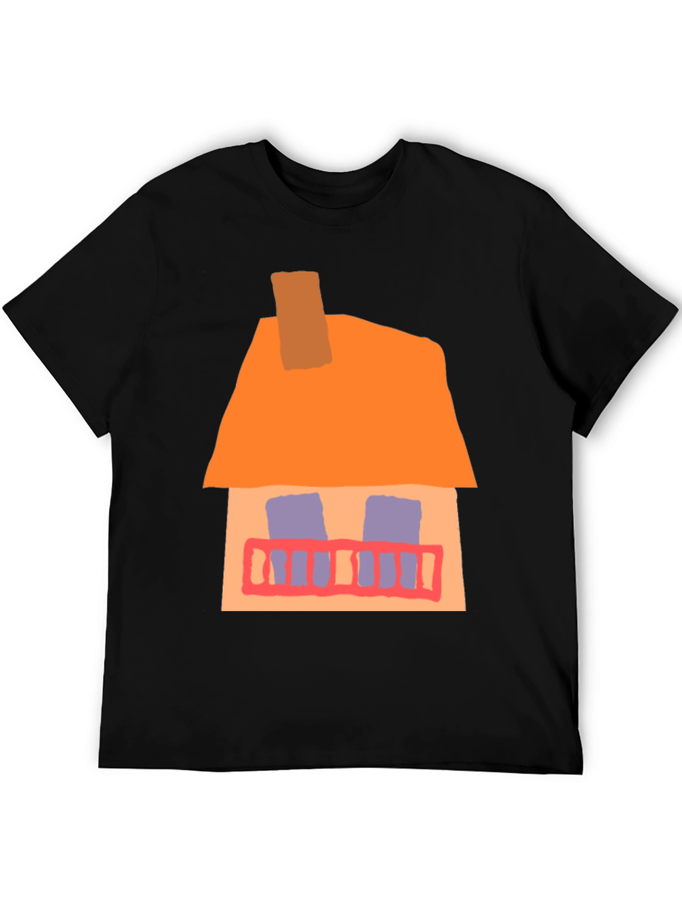 Whimsical House Graphic Tee - Black Cotton Casual T-Shirt