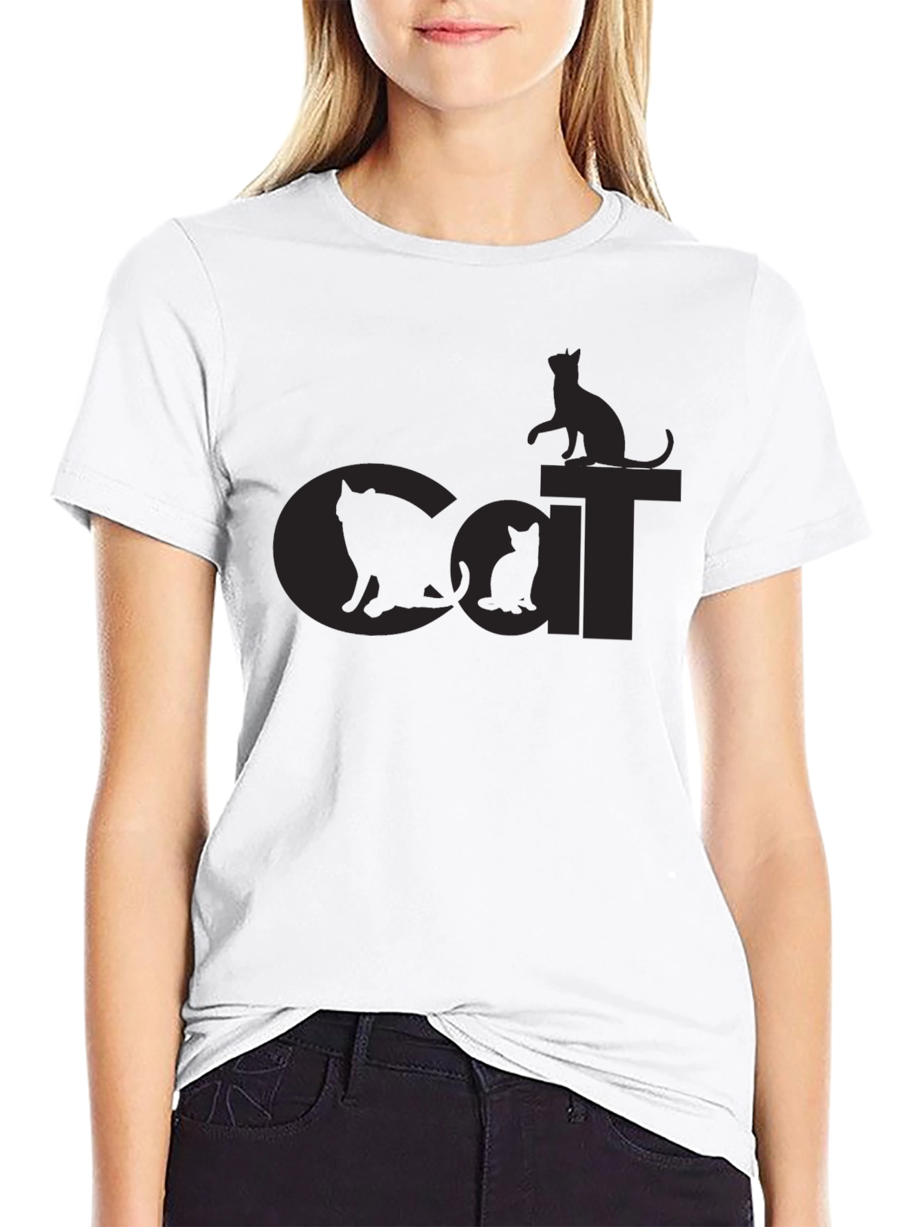 Cat Silhouette Graphic Print Black T-Shirt