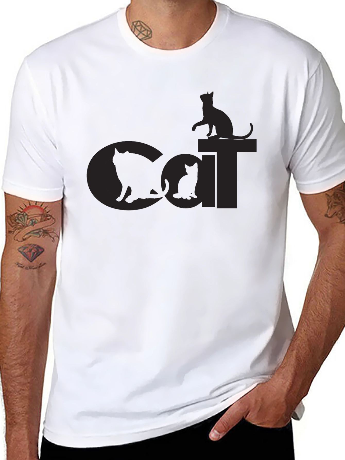 Cat Silhouette Graphic Print Black T-Shirt