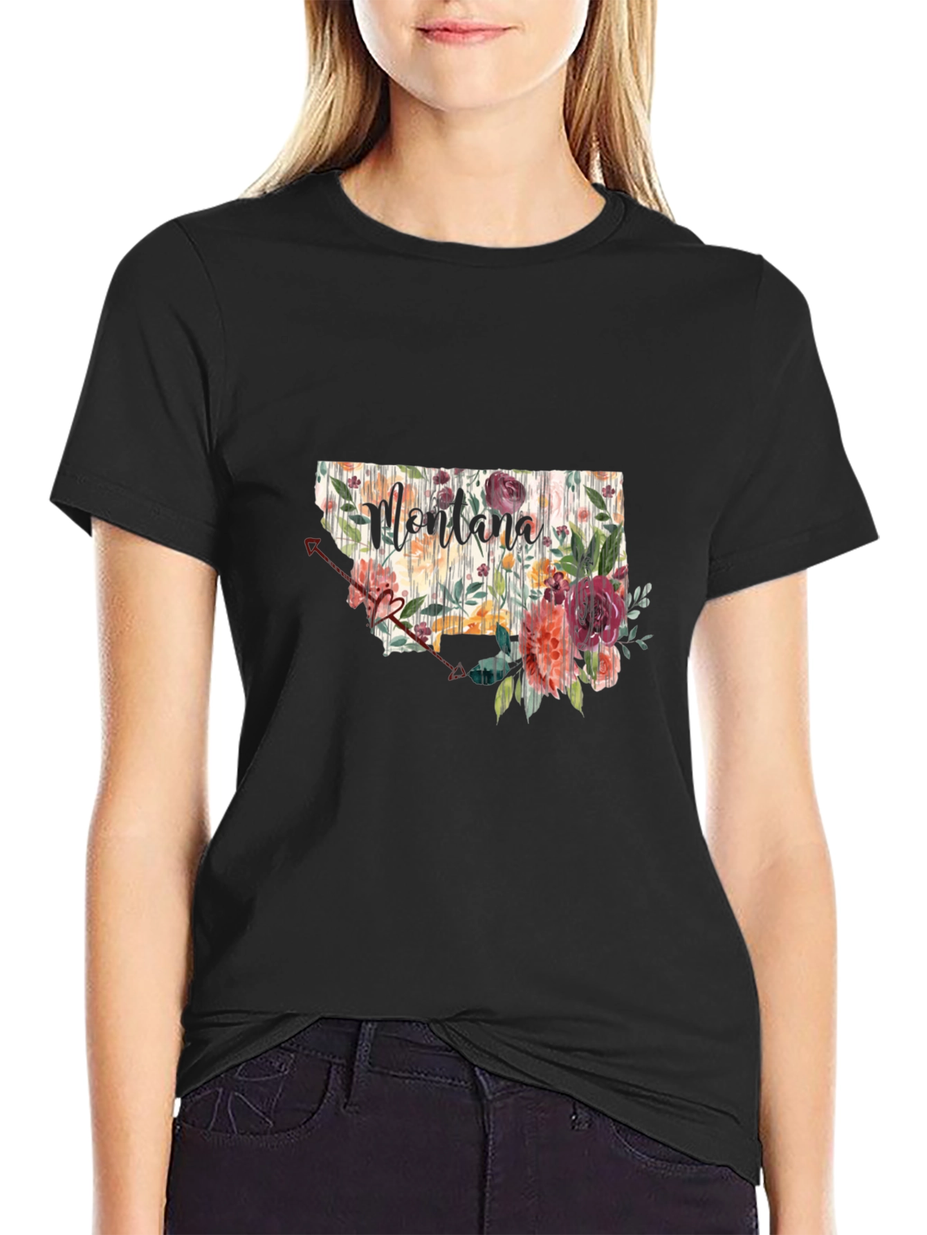 Floral Montana State Black T-Shirt