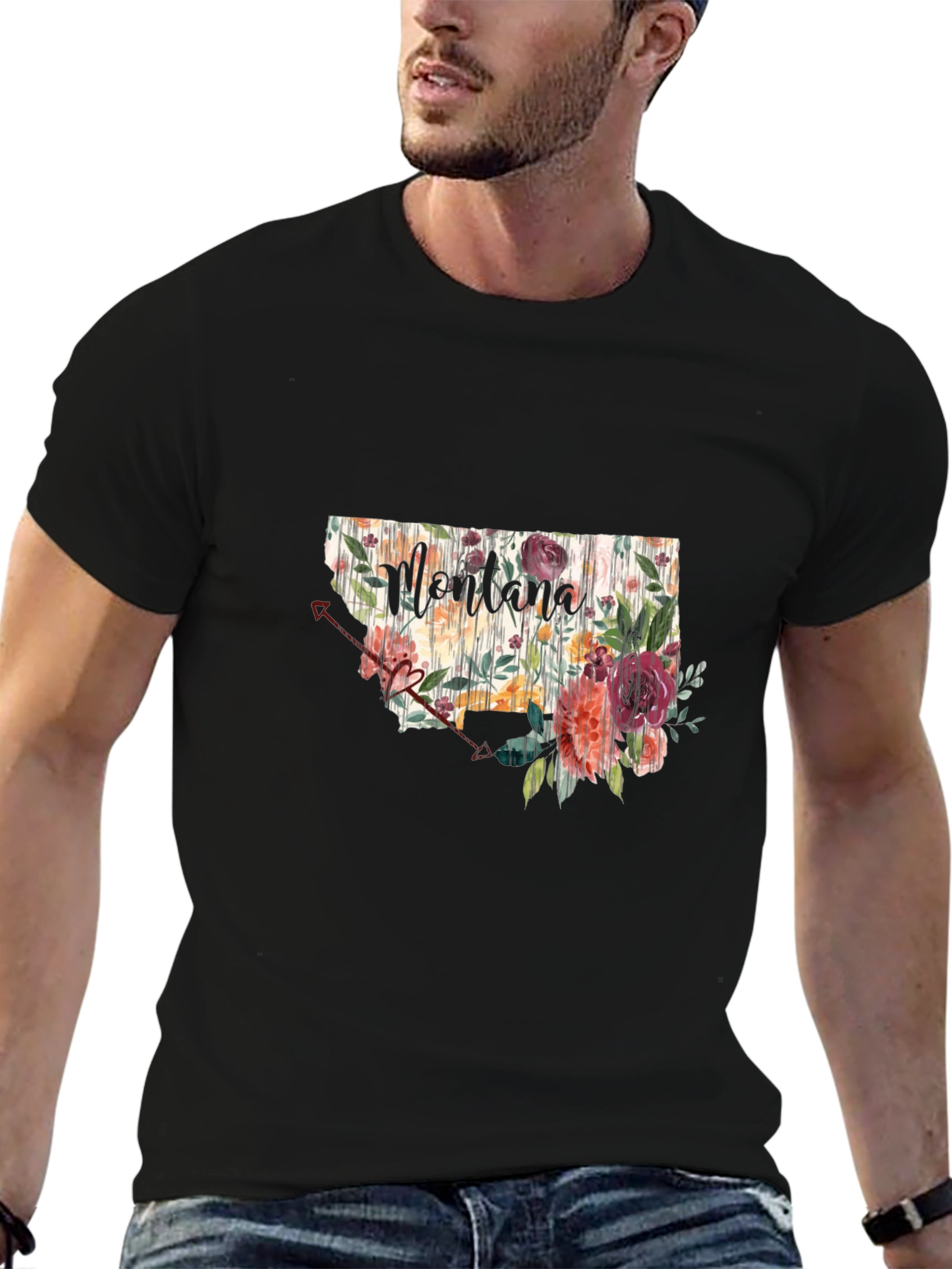 Floral Montana State Black T-Shirt