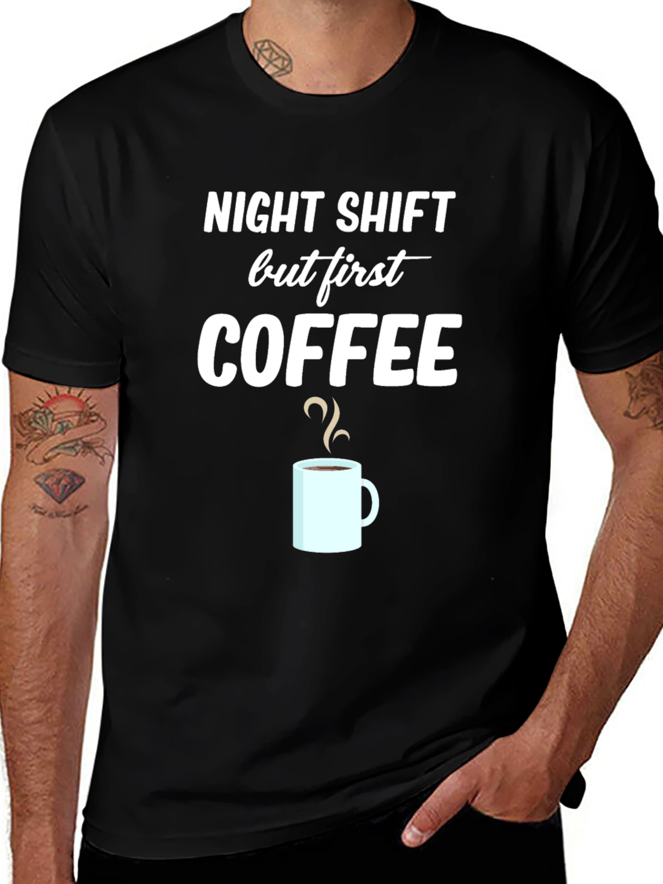 Night Shift But First Coffee Graphic T-Shirt