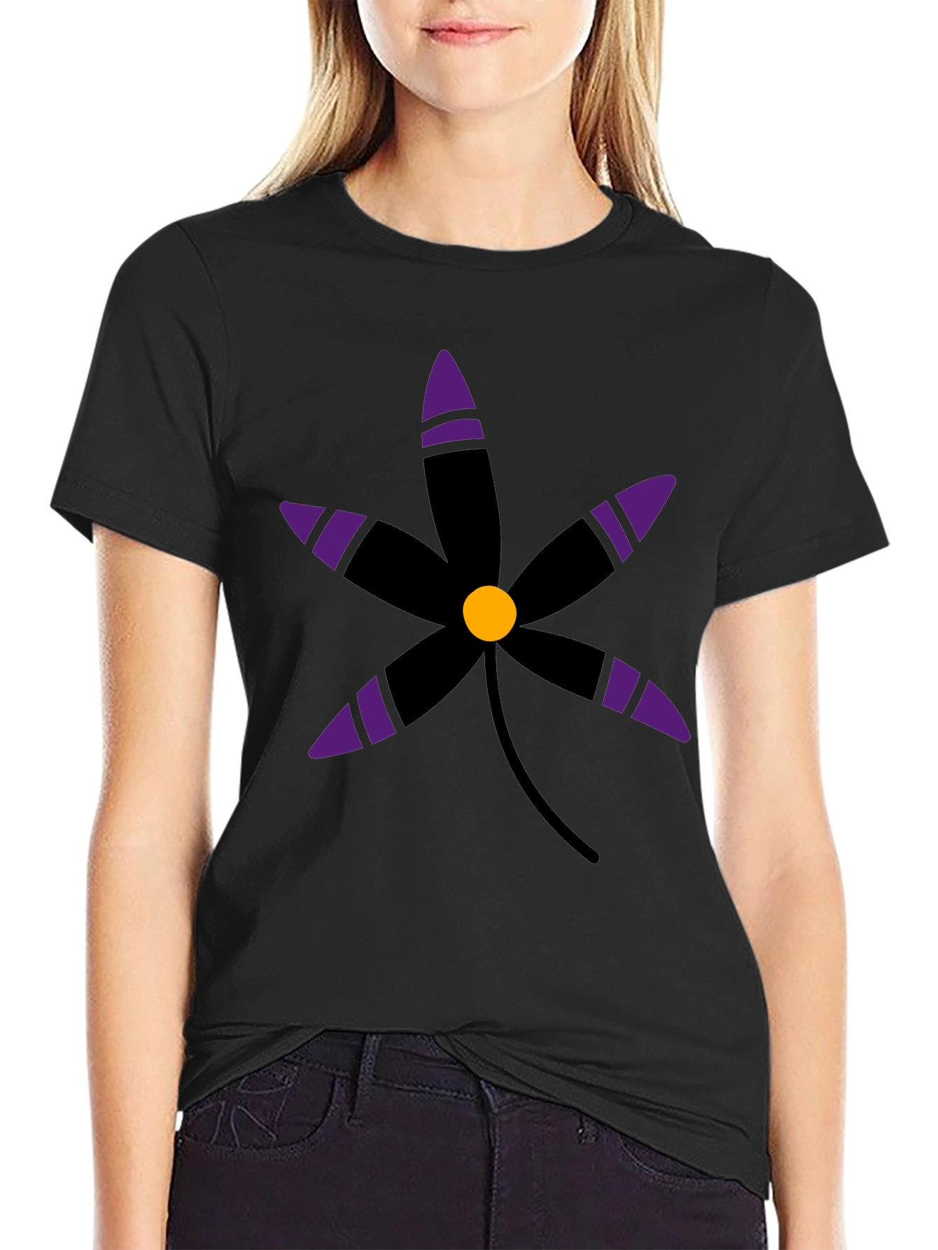 Black T-Shirt with Graphic Flower Print