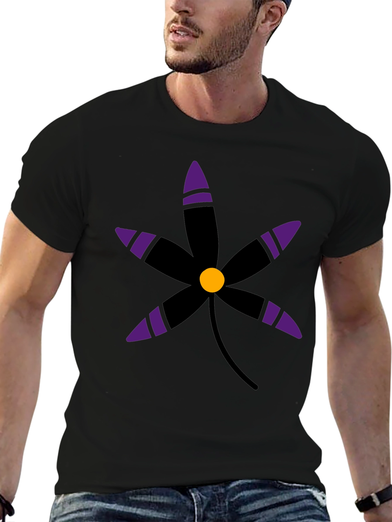 Black T-Shirt with Graphic Flower Print