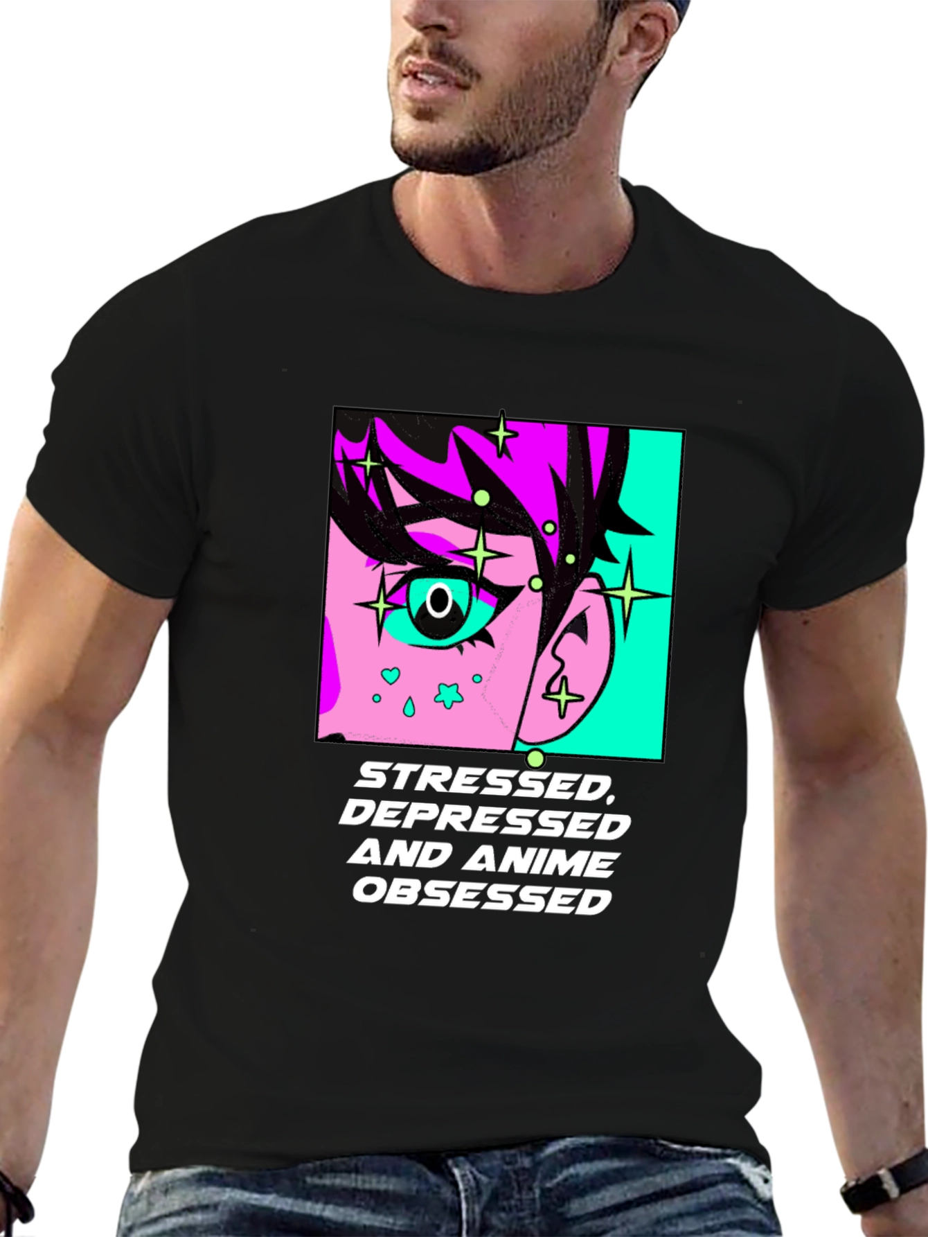 Stressed Depressed Anime Obsessed Black T-Shirt