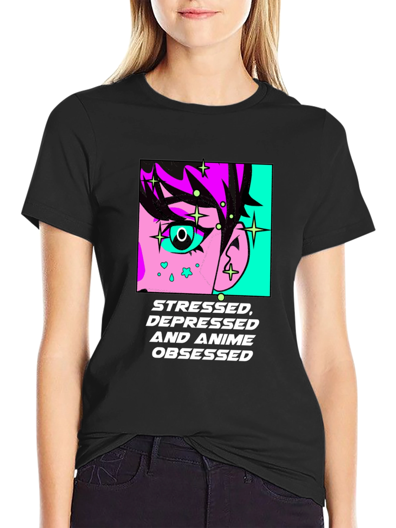 Stressed Depressed Anime Obsessed Black T-Shirt