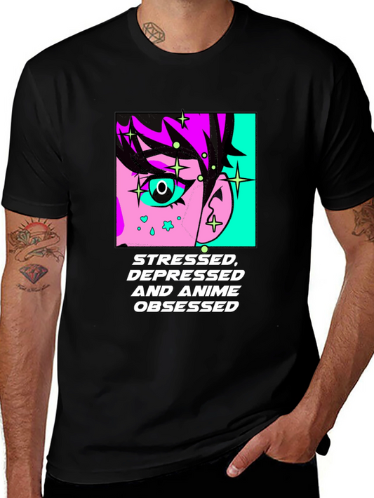 Stressed Depressed Anime Obsessed Black T-Shirt