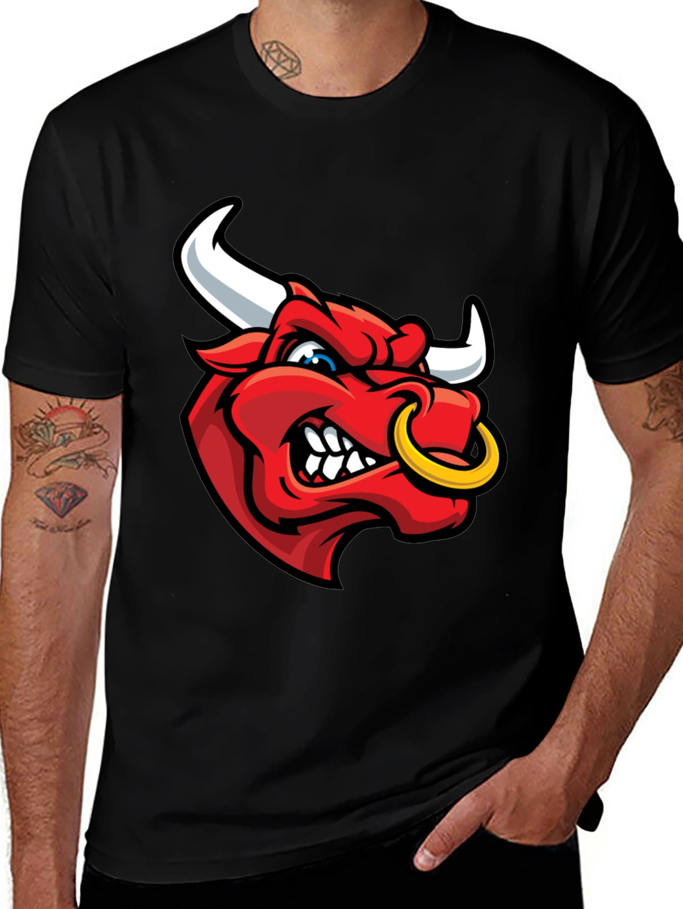 Mens Black T-Shirt with Red Bull Graphic