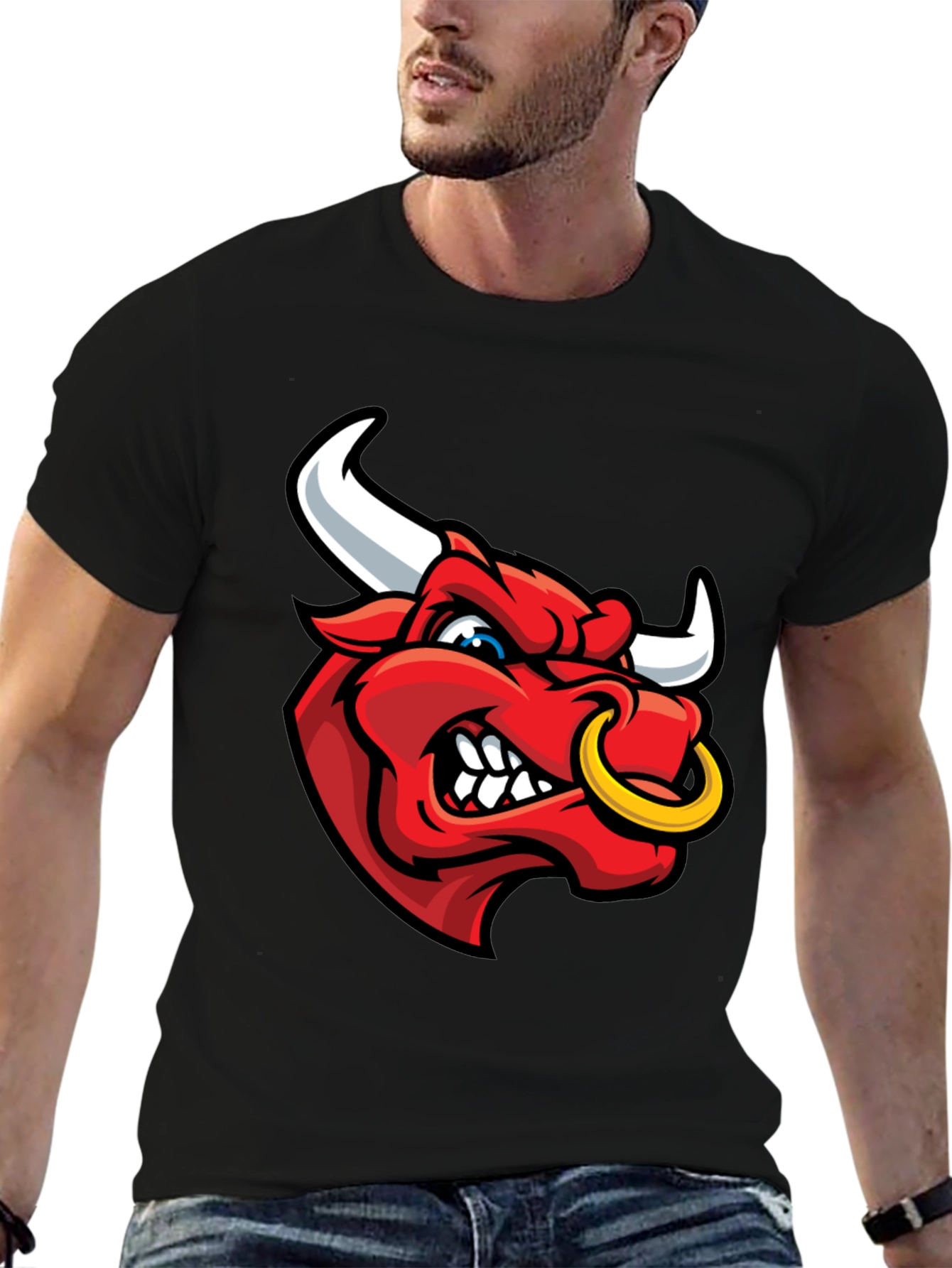 Mens Black T-Shirt with Red Bull Graphic