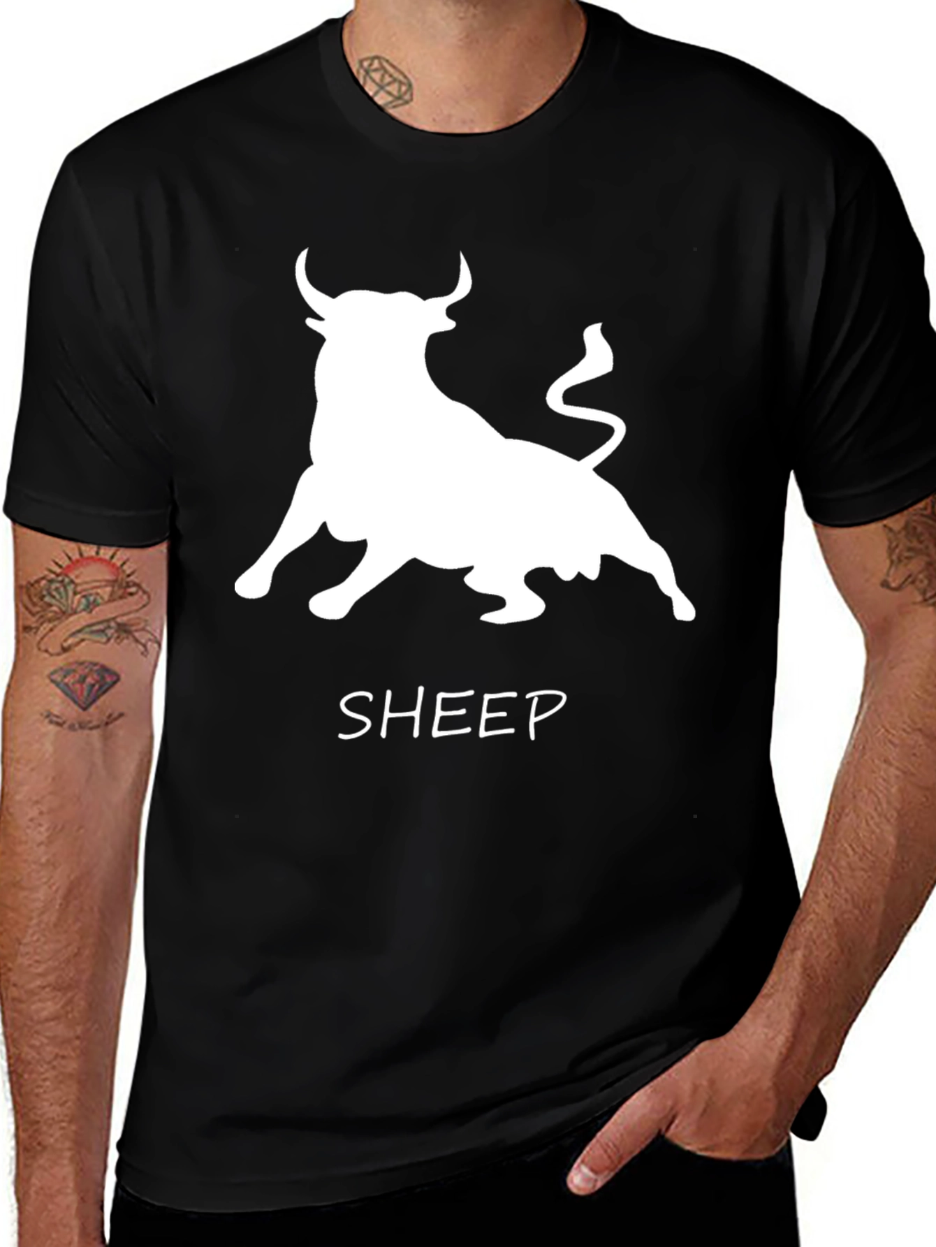 Bull Sheep Graphic Print Black T-Shirt