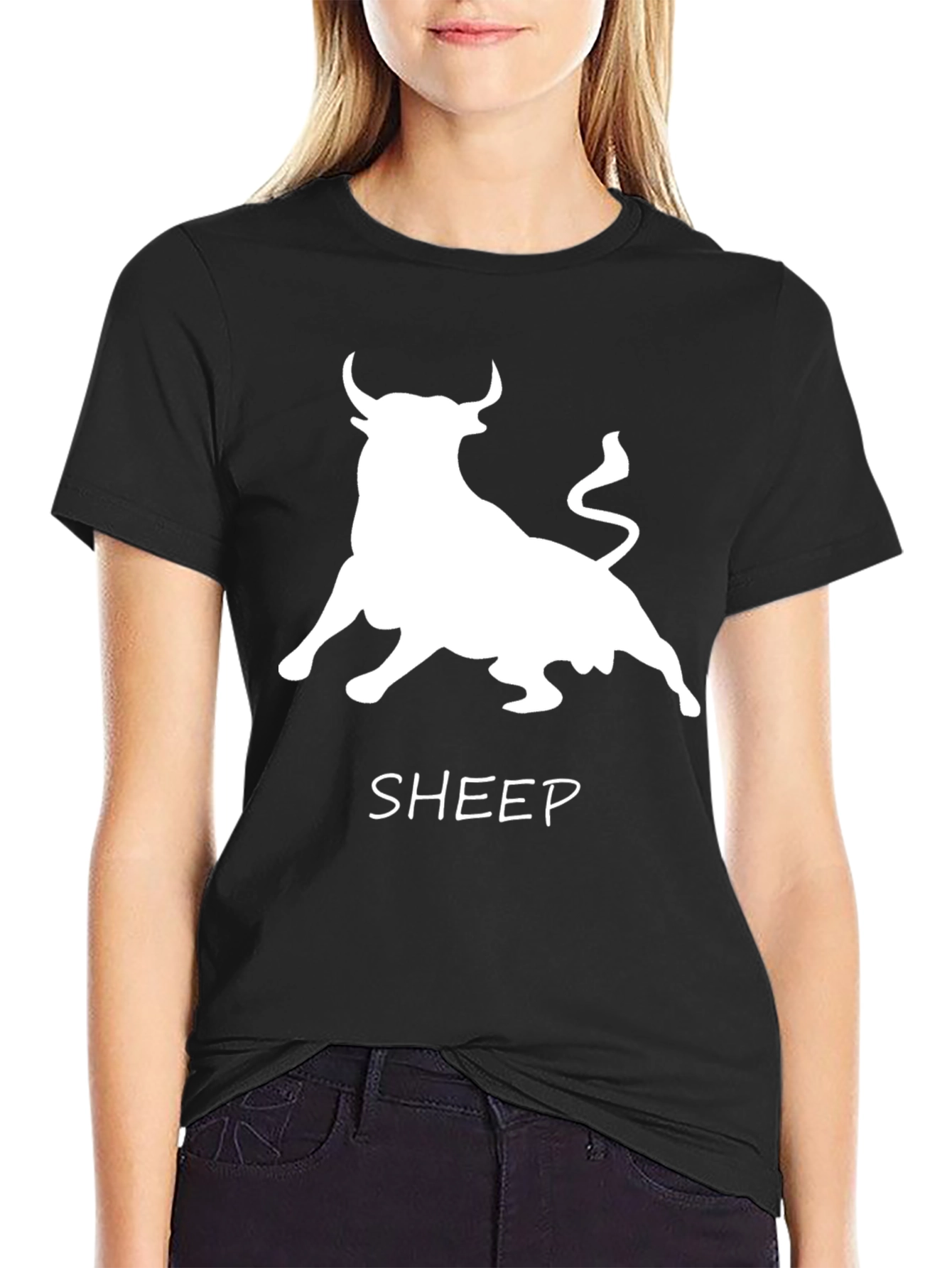Bull Sheep Graphic Print Black T-Shirt