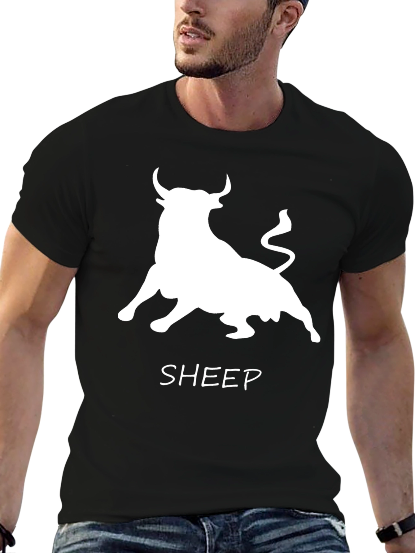 Bull Sheep Graphic Print Black T-Shirt