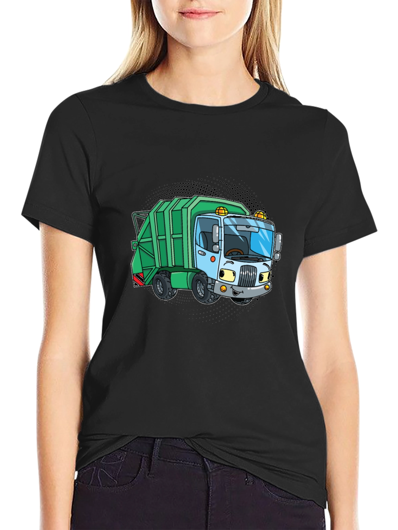 Cartoon Garbage Truck Graphic Tee - Black