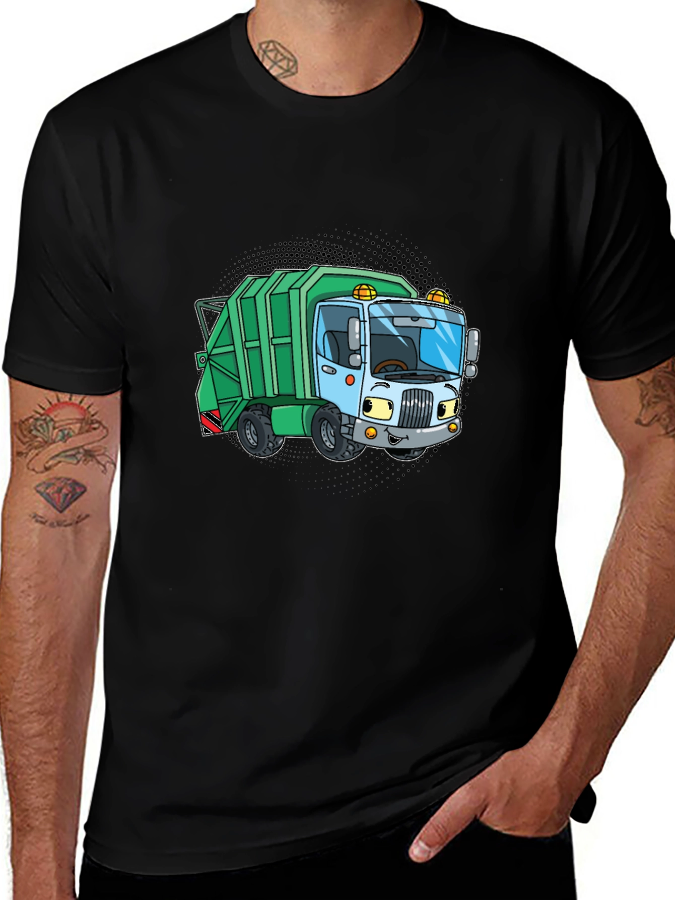 Cartoon Garbage Truck Graphic Tee - Black