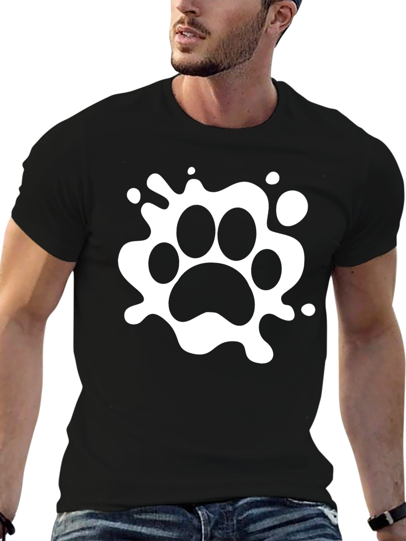 Black T-Shirt with White Paw Print Design