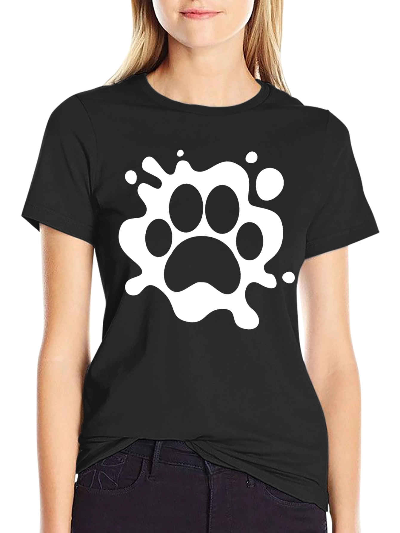 Black T-Shirt with White Paw Print Design