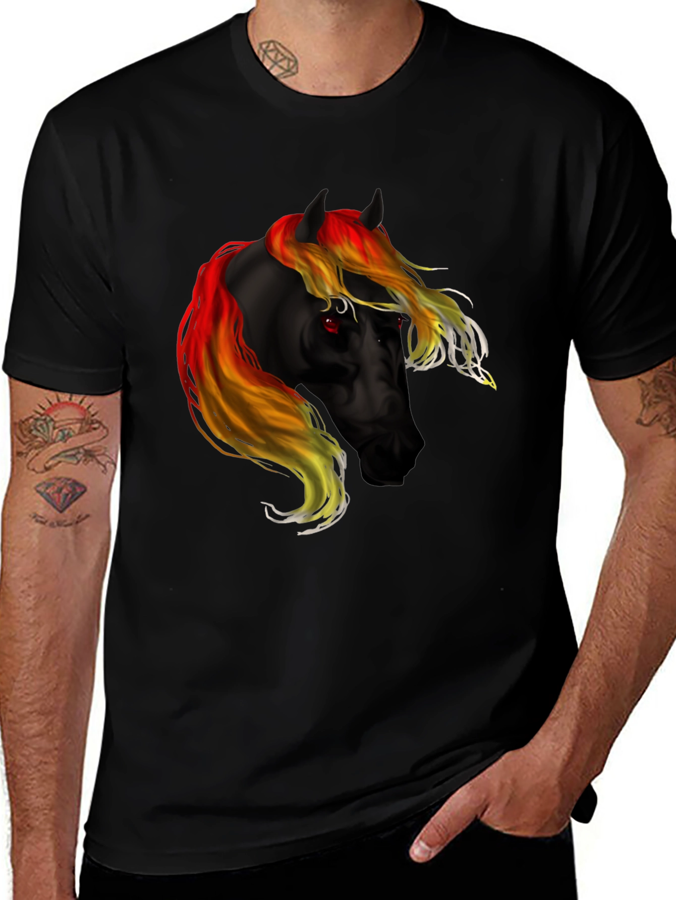 Black T-Shirt with Fiery Horse Graphic